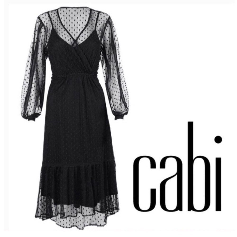 Cabi Black Swiss Dot Mesh Midi Dress Long Sleeve V-Neck Whimsy Goth Womens Sz M